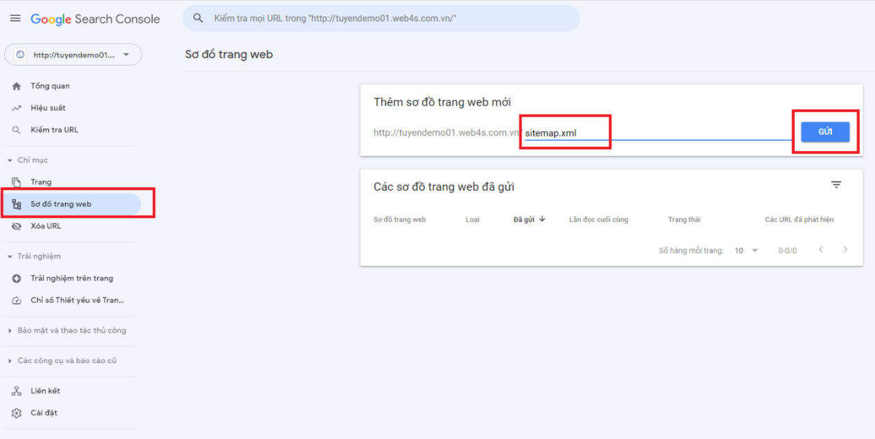 Thêm Sơ đồ trang web: gõ sitemap.xml click Gửi